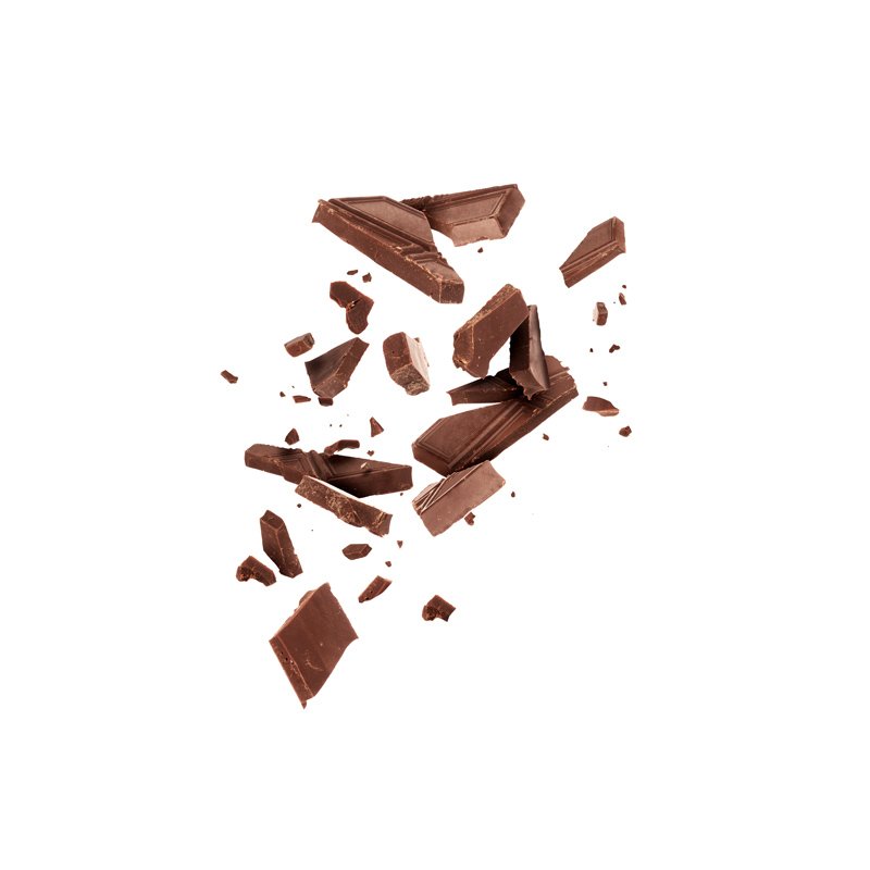Life Extension, dark chocolate rich in magnesium, cbroken into uneven segments thrown into air n center of image, on white background